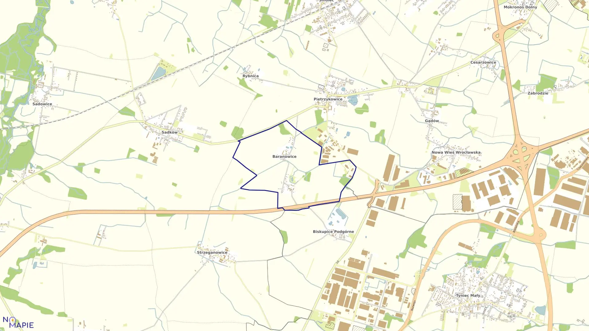 Mapa obrębu Baranowice w gminie Kąty Wrocławskie