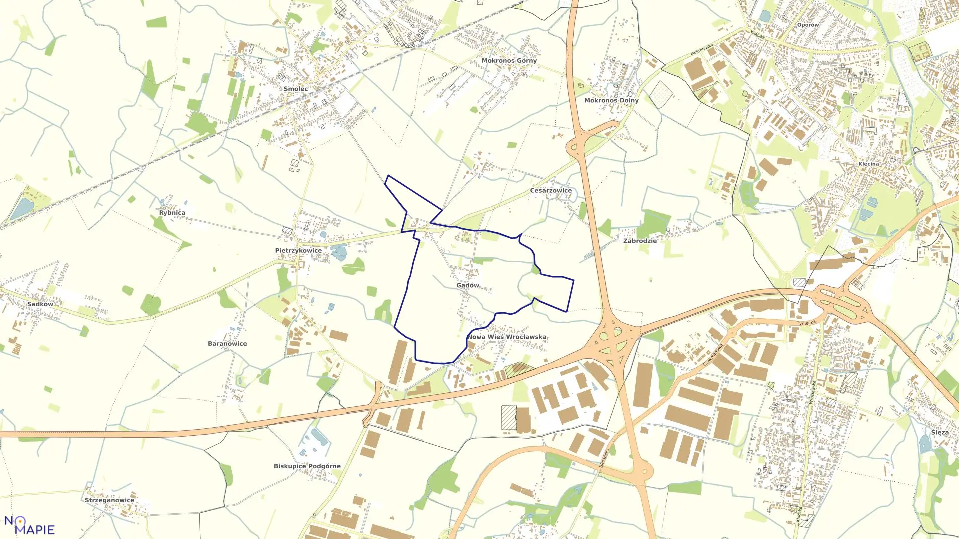 Mapa obrębu Gądów-Jaszkotle w gminie Kąty Wrocławskie