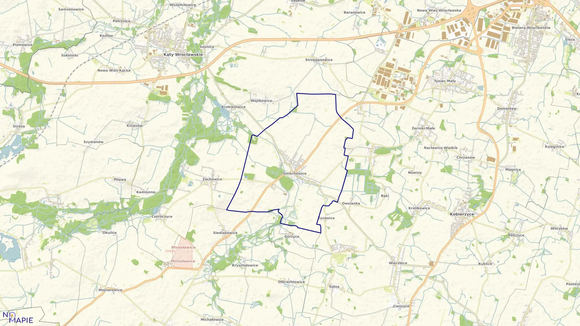 Mapa obrębu Gniechowice w gminie Kąty Wrocławskie