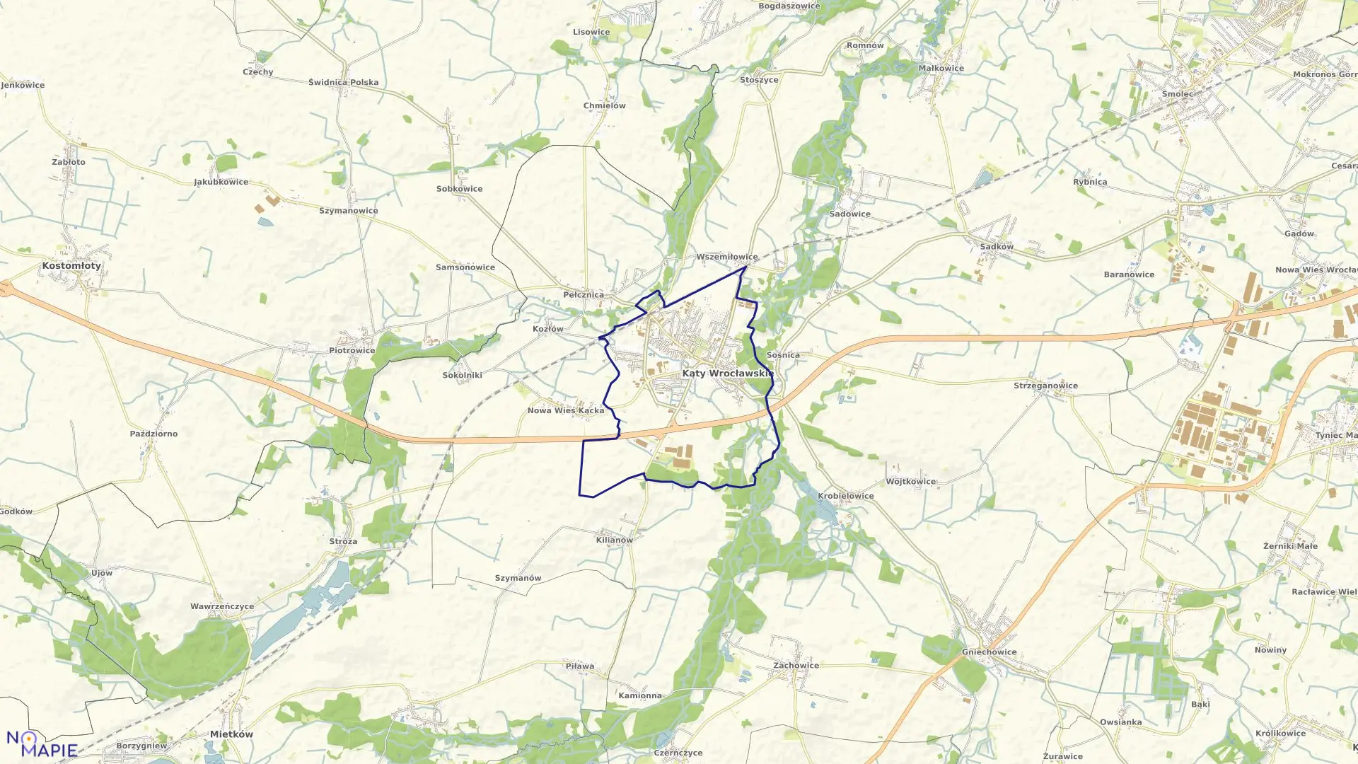 Mapa obrębu Kąty Wrocławskie w gminie Kąty Wrocławskie