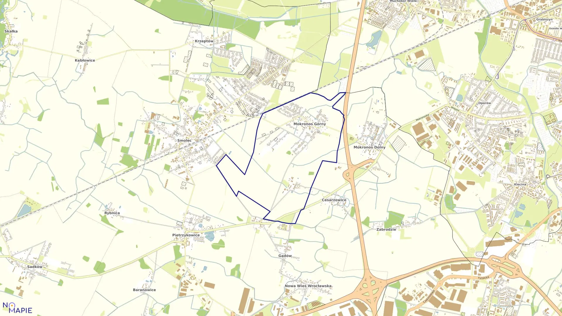 Mapa obrębu Mokronos Górny w gminie Kąty Wrocławskie