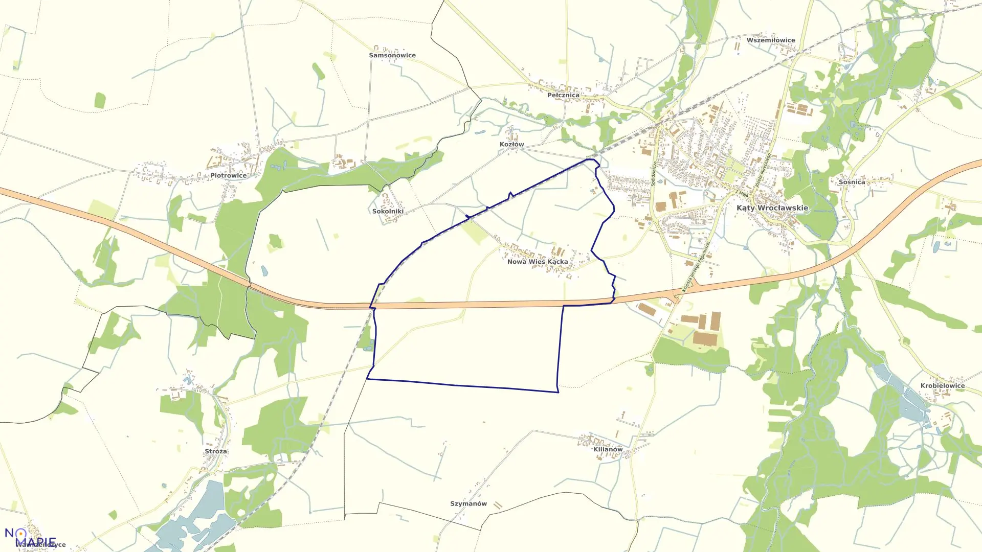 Mapa obrębu Nowa Wieś Kącka w gminie Kąty Wrocławskie