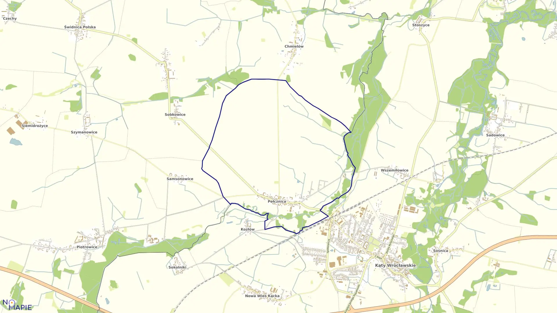 Mapa obrębu Pełcznica w gminie Kąty Wrocławskie