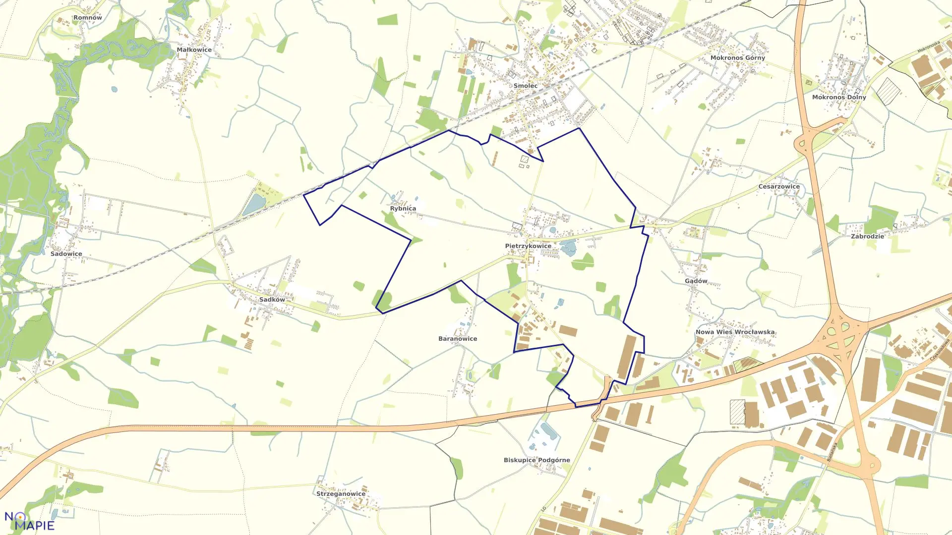 Mapa obrębu Pietrzykowice-Rybnica w gminie Kąty Wrocławskie