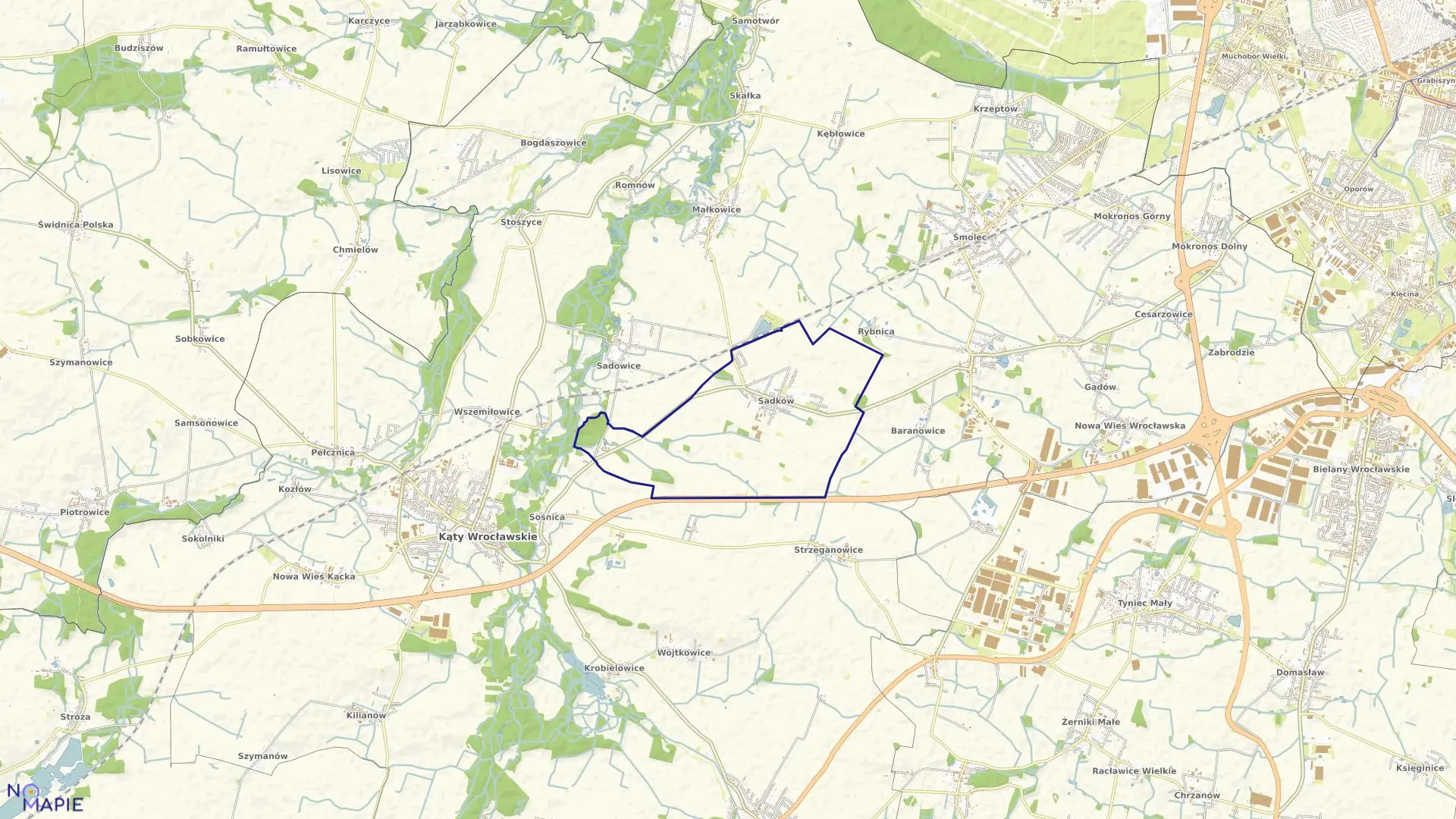 Mapa obrębu Sadków w gminie Kąty Wrocławskie