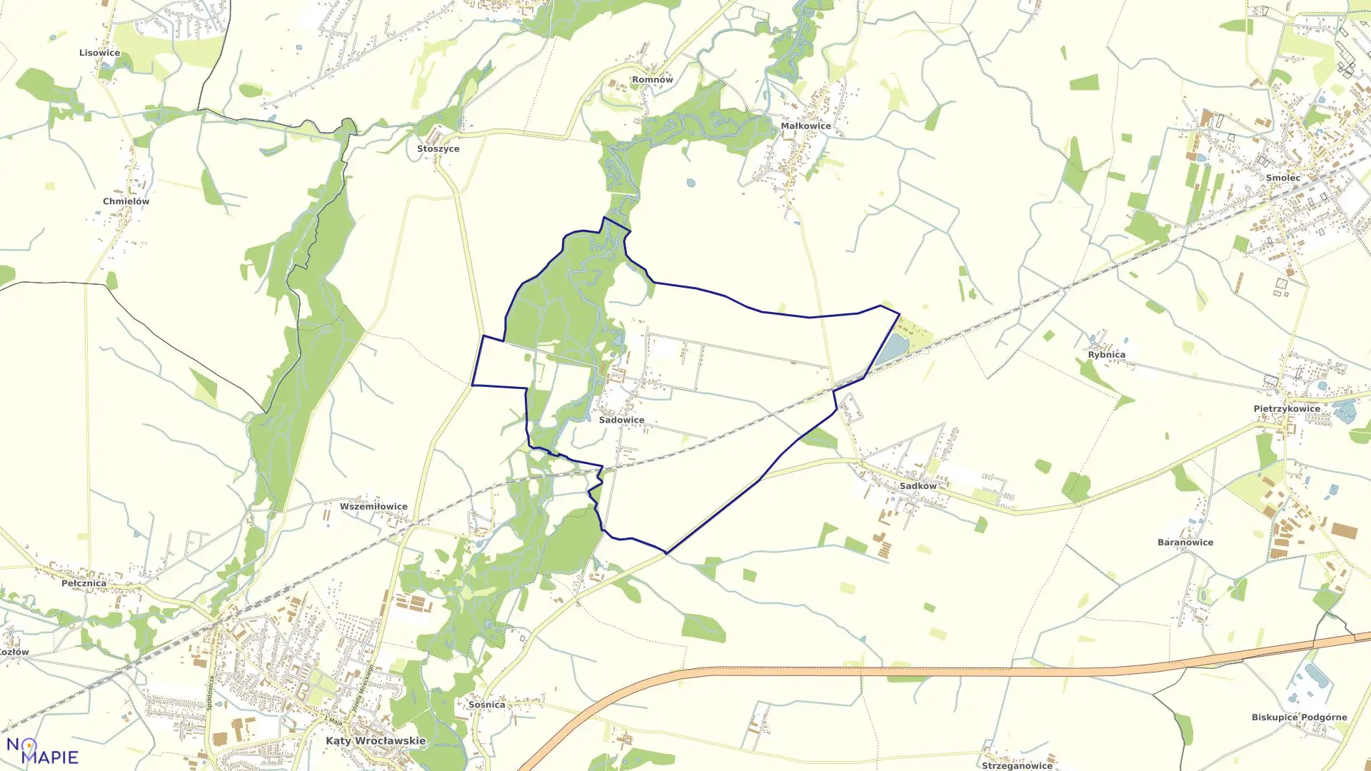 Mapa obrębu Sadowice w gminie Kąty Wrocławskie