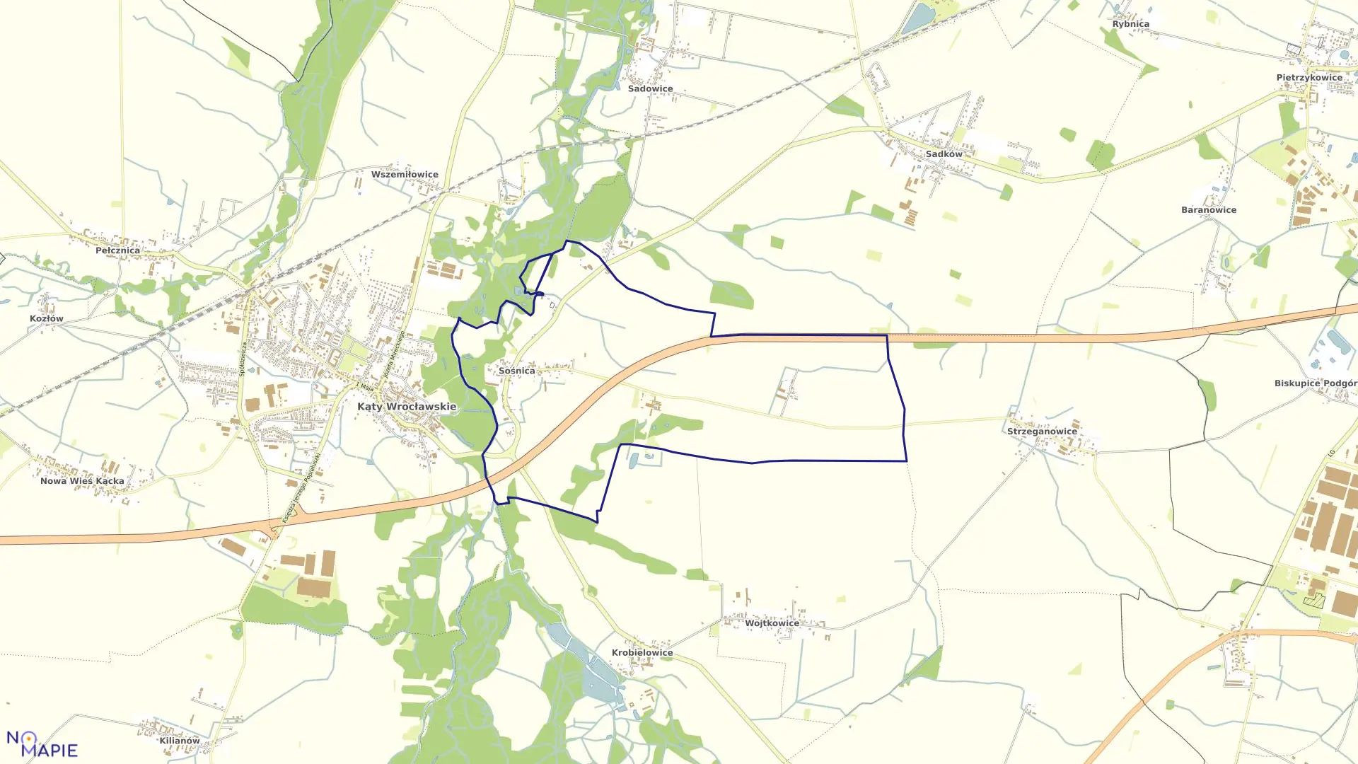 Mapa obrębu Sośnica-Różaniec w gminie Kąty Wrocławskie