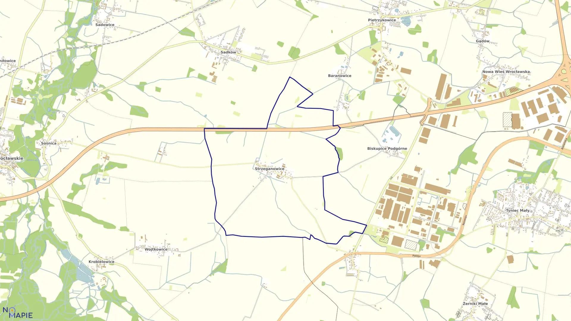 Mapa obrębu Strzeganowice w gminie Kąty Wrocławskie