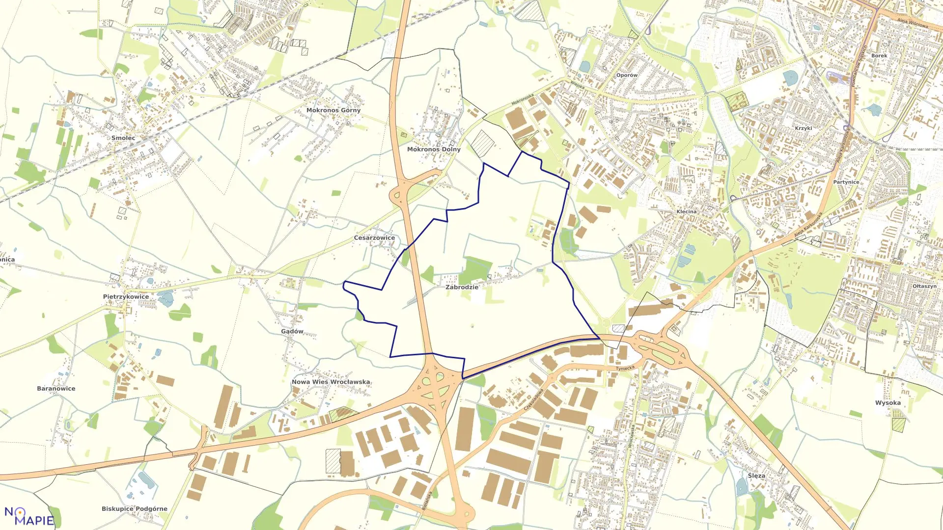 Mapa obrębu Zabrodzie w gminie Kąty Wrocławskie